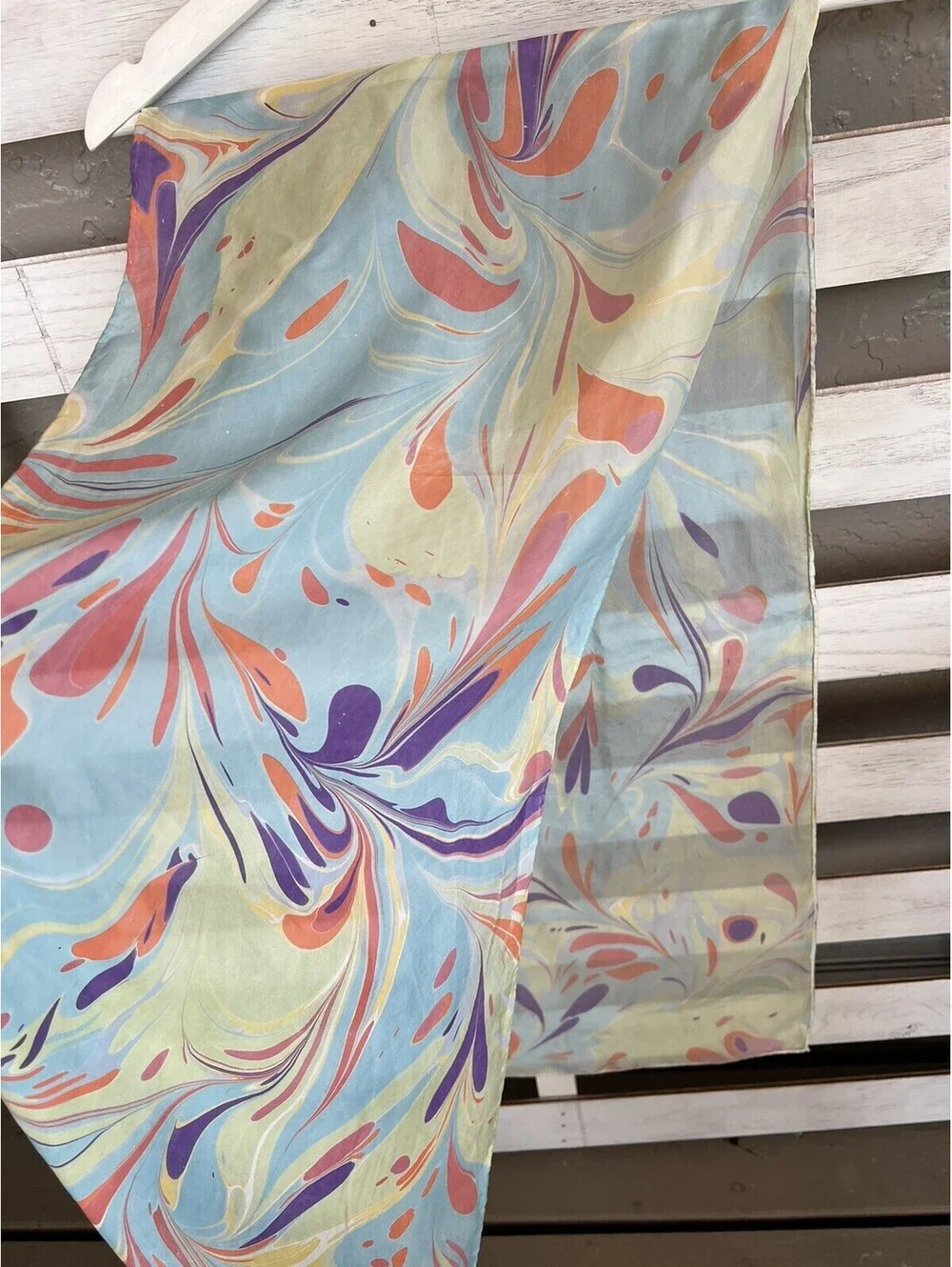 Women's Silk Rectangle Pastel Blue Orange Scarf Size 68”x14”